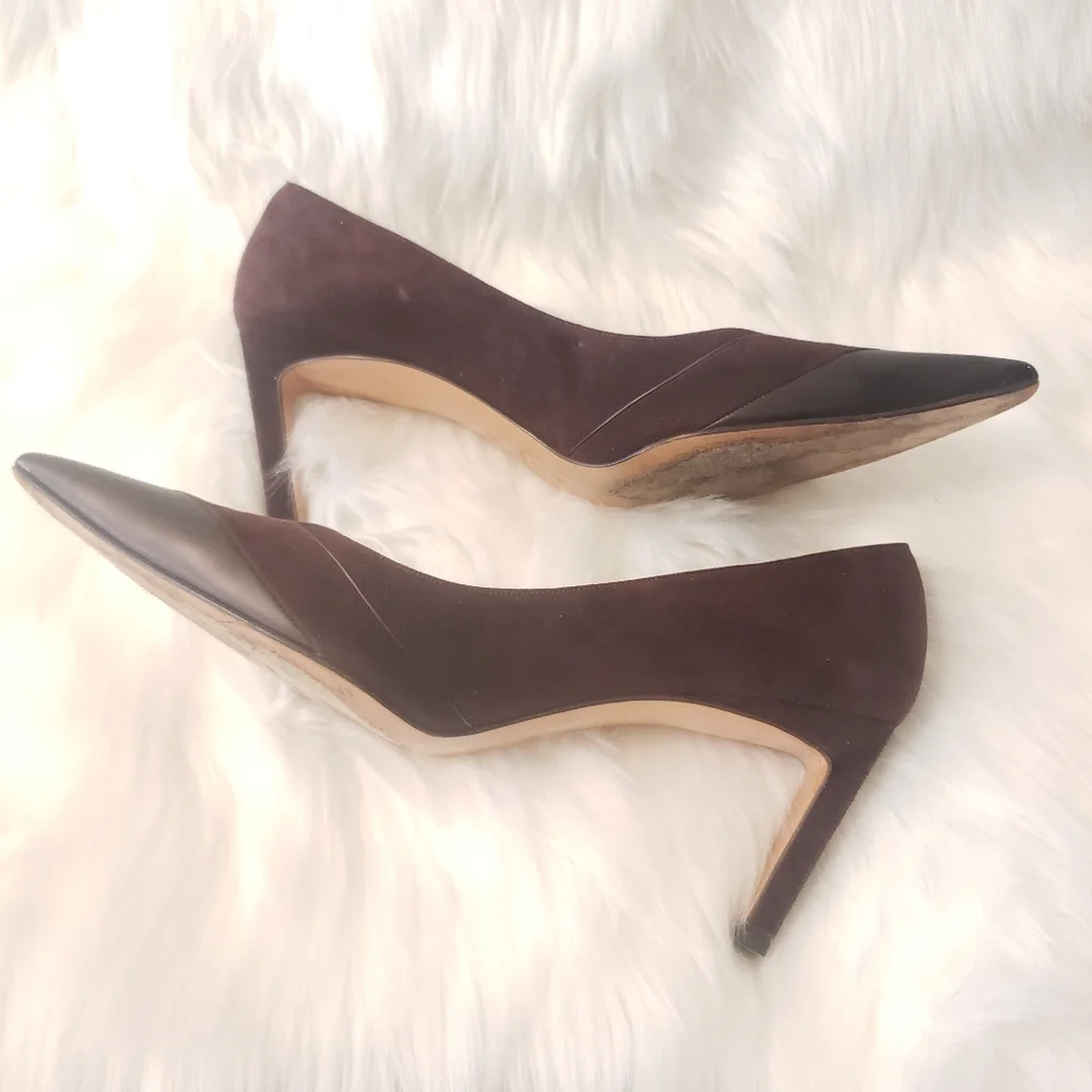St John Leather & Suede Square Pointy Toe Pumps Size 38.5/US 8